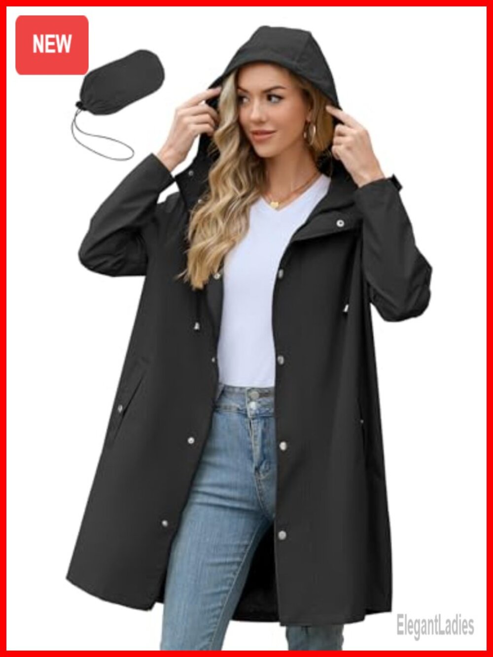 Long Packable Waterproof Rain Jacket with Hood Relaxed Fit
